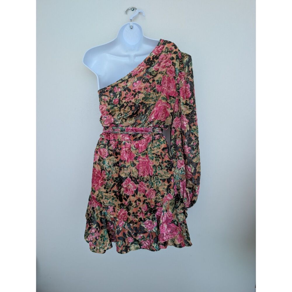 Hemant & Nandita Pakhi One Shoulder Mini Dress Floral Ruffle Hem Sz S $461 - Picture 2 of 16